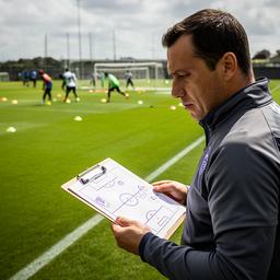 サッカーグラウンドで配置図を確認するコーチ