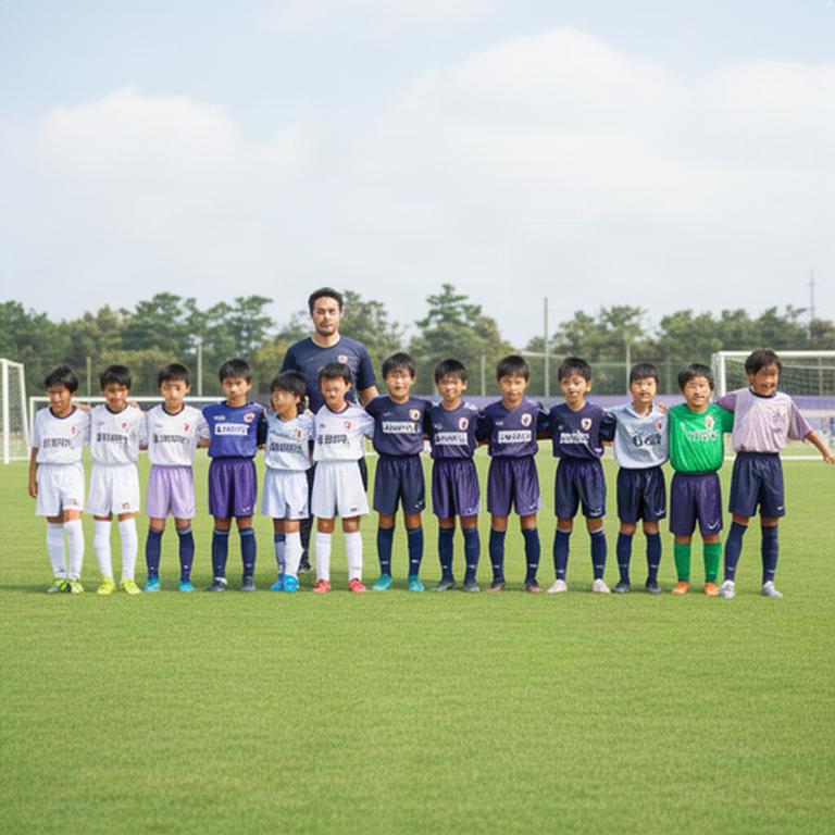 香芝市の少年サッカー選手たちが芝生のグラウンドで試合前に整列する様子