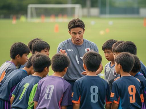 少年サッカーチームの選手とコーチが香芝市のグラウンドで作戦を確認する場面