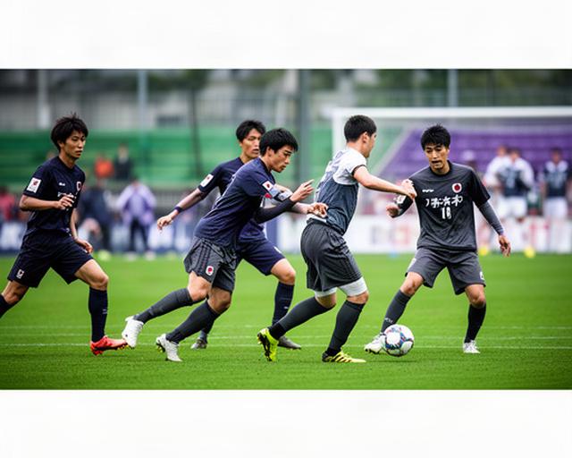 奈良県の大学サッカー選手が緑のピッチで守備ラインを確認する試合中の様子