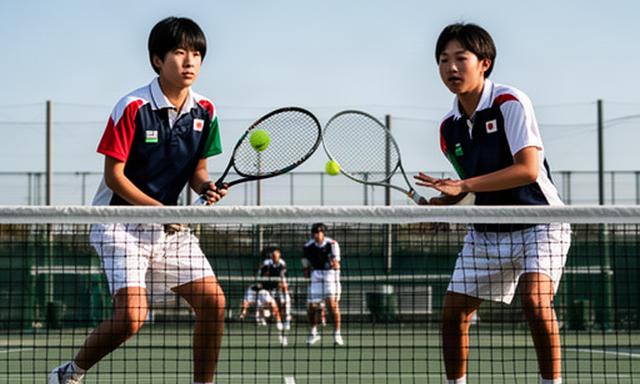 奈良県の高校テニス大会でダブルスの選手がネット前に構える場面