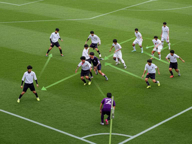 高校サッカー選手が緑のピッチでコーナーキックの配置を確認する場面